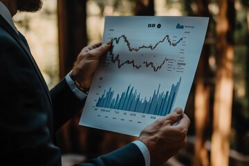 Business professional analyzing financial data in a forest setting during daylight hours