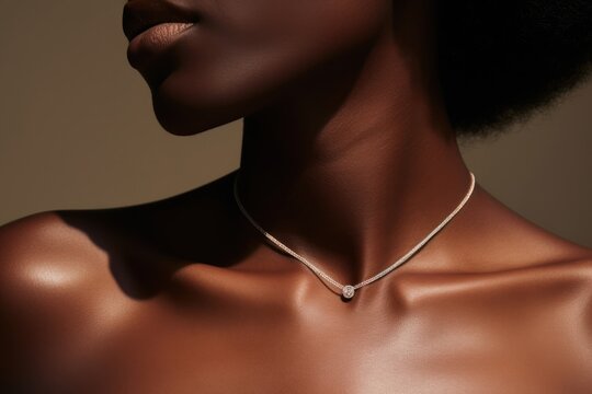 Black woman collarbone wearing chic necklace jewelry diamond.