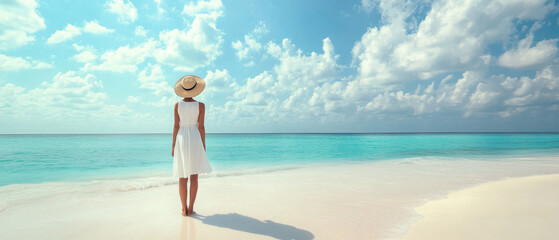 Obraz premium A serene beach scene with a woman in a white dress gazing at the ocean under a blue sky.