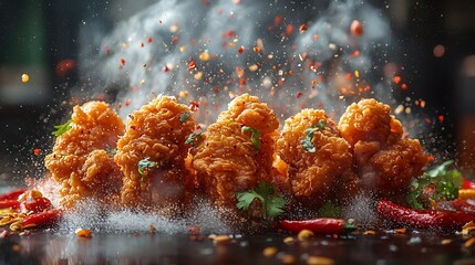 Close-up of crispy fried chicken with spices and smoke.