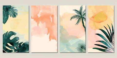 Aesthetic 4-pack of watercolor wall art with palm tree silhouettes, banana leaves, monstera foliage, and tropical abstract shapes on soft backgrounds.