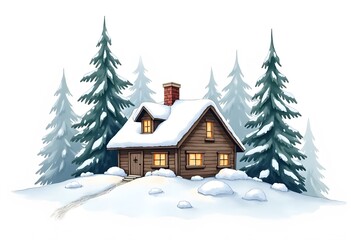 Winter Christmas landscape with country house, snow and trees isolated on white background. Watercolor hand drawn illustration
