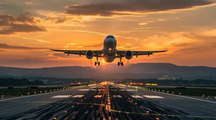 Naklejka premium An airplane taking off against a sunset sky, symbolizing flight booking