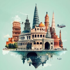 Obraz premium merge tourists architecture for world tourism da