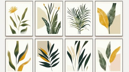 Collection of 6 botanical prints showcasing abstract tropical plant designs in shades of green, beige, and yellow, perfect for boho wall decor.