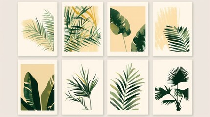 Collection of 6 botanical prints showcasing abstract tropical plant designs in shades of green, beige, and yellow, perfect for boho wall decor.