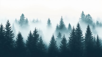 Zoom-in of a foggy spruce forest, depicted in a clean and minimal vector style, showcasing the dense trees and mist with straightforward design elements and ample space for additional content