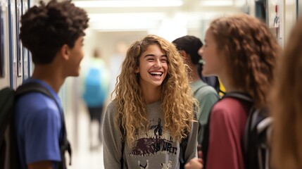 Obraz premium A group of high school students laugh together in the hallway.