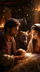 A birth of Juses Christ, Christmas nativity scene. Mary, Josef and Jesus in a cradle filed with straw. Vertical orientation. 