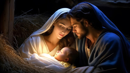 A birth of Jesus Christ, Beautiful Christmas nativity scene. Mary with Jesus in a cradle filed with straw. 