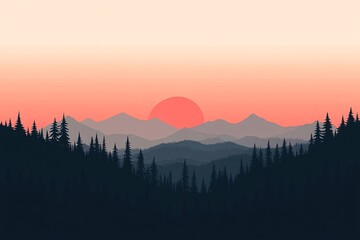 A vibrant sunset over mountainous terrain with silhouetted pine trees in a serene natural landscape