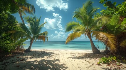 Obraz premium Tropical Beach Paradise with Palm Trees and Blue Waters