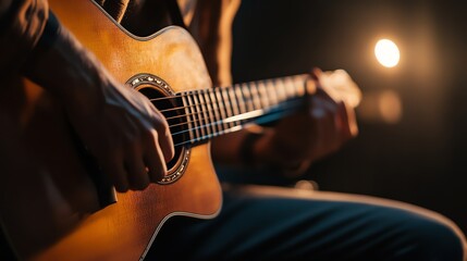 Fototapeta premium Close-up of a person playing an acoustic guitar.