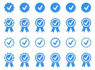 Verified check badge icon collection. Identified blue sticker collection. Set of blue medal with tick symbol