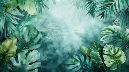 Elegant watercolor mural wallpaper featuring layered tropical leaves in deep greens and soft blues