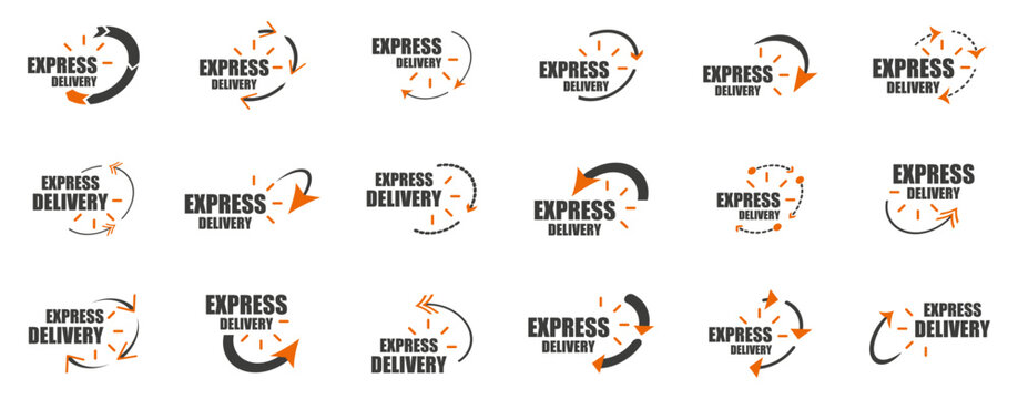 Express delivery icon collection. Set of express delivery with arrows and clock icons