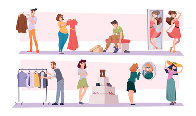 Clothes store. Fashion retail boutique people buying clothes exact vector illustrations set in cartoon style
