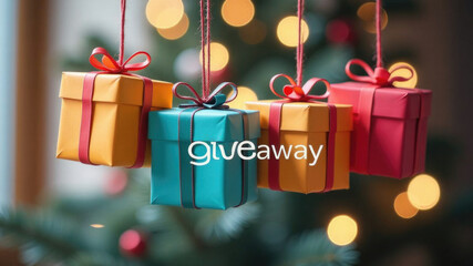 Holiday gift giveaway concept with colorful boxes and bokeh lights, perfect for festive promotions or greeting cards