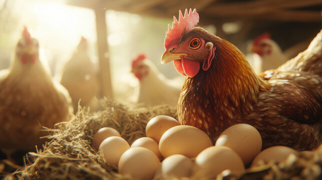 A hen resting on a nest of eggs with other chickens in the background, illuminated by sunlight.