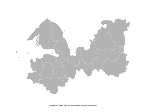 Vector isolated administrative simplified map with grey silhouettes of regions in Leningrad Oblast including Saint Petersburg. White background