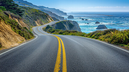 scenic coastal asphalt road winds along steep cliffs, offering breathtaking views of ocean and rugged coastline. vibrant blue water contrasts beautifully with greenery