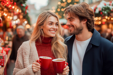 クリスマスマーケットでホットワインを飲むカップル