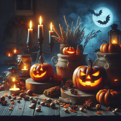 Halloween night with glowing pumpkins, bats.