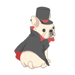 吸血鬼ドラキュラの衣装でお座りして振り向いているフレンチブルドッグ【ホワイト】