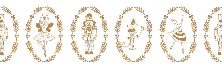 Nutcracker. Cute Christmas gorizontal border. Christmas motifs. Gold color.