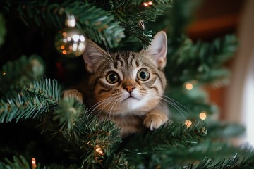 Adorable cat climbed onto decorated festive Christmas tree. Playful curious kitty sits comfortably among branches and glowing garland lights. Holiday mischief and joy, for poster greeting card, banner