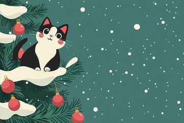 Playful cute cat sitting on decorated Christmas tree against snowy background. Festive winter mischief and joy. Whimsical design, holiday spirit for banner, poster, greeting card, copy space