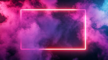 A glowing neon pink square frame set against a background of pink and blue smoke.