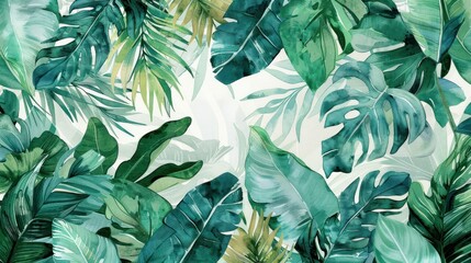 Modern watercolor mural wallpaper with overlapping monstera and banana leaves in various shades of green