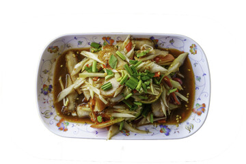 Thai food papaya salad with grilled pork neck on whitebackground isolation clippingpath.Isan Thai food is popular in Asia.