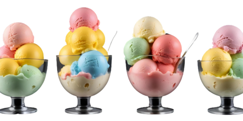 Colorful scoops of ice cream in glass bowls, including flavors like strawberry, mint, lemon, and rainbow with Transparent Background
