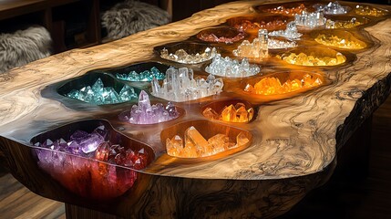 A wooden table featuring translucent resin pockets filled with clear and colored crystals, mimicking the look of a hidden crystal cavern,