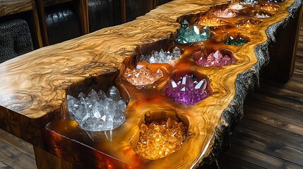 A wooden table featuring translucent resin pockets filled with clear and colored crystals, mimicking the look of a hidden crystal cavern,