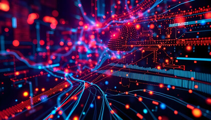 Naklejka premium A futuristic digital landscape with glowing neon lines, dots, and shapes in shades of blue, red, and purple, creating a dynamic and abstract cyberpunk-inspired scene