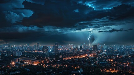Obraz premium Lightning bolts striking near a city at night, with the skyline lit up by the storm