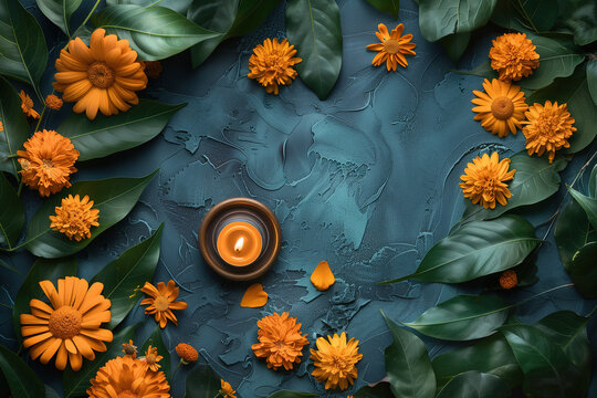 Indian traditional colorful yellow flowers, leaves and diya candle on blue textured background, flat lay, top view, border around empty copy space for design. Frame, template for banner, poster, card