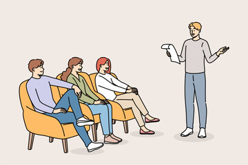 Poetry evening with man reading own poems, for positive listeners sitting in armchairs. Poetry party with students on university campus for involvement in development of creative potential.