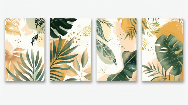 Set of 6 prints featuring abstract tropical plants in green, beige, and yellow tones, with a boho decor style and botanical elements like monstera leaves.