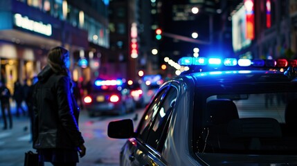 Fototapeta premium A bustling city street at night illuminated by the bright blue siren of a police car,Law enforcement officers.concept of law and order in urban areas.public safety, emergency response.