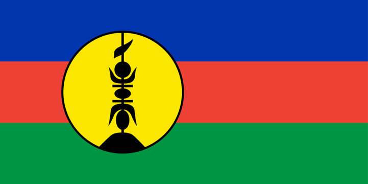 National Flag New Caledonia, horizontal tricolour of blue, red, and green charged with a yellow disc outlined in black and defaced with a black fleche faitiere