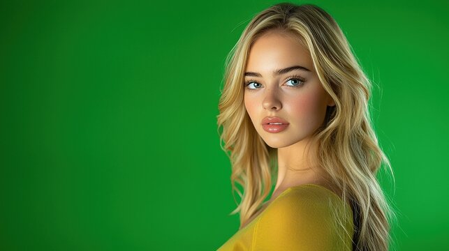 A captivating blonde-haired woman poses in a full-body shot against a solid green screen backdrop.