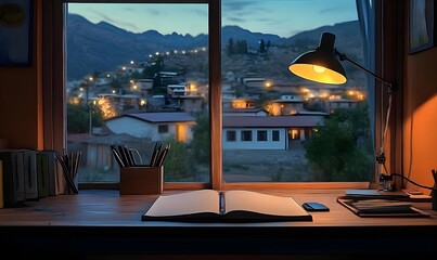 Fototapeta premium Cozy Desk Setup with Open Notebook and Lamp