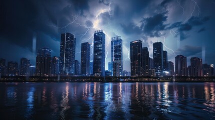 Fototapeta premium City under lightning, with skyscrapers reflecting the bright flashes of the storm