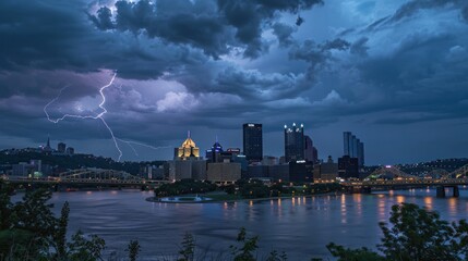 Naklejka premium City skyline with lightning, capturing the raw power of a thunderstorm over the urban landscape