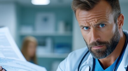 Fototapeta premium A man in a doctor's coat holding papers and looking at them, AI