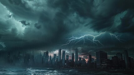 Cityscape under a powerful storm, with lightning creating dramatic contrasts of light and dark